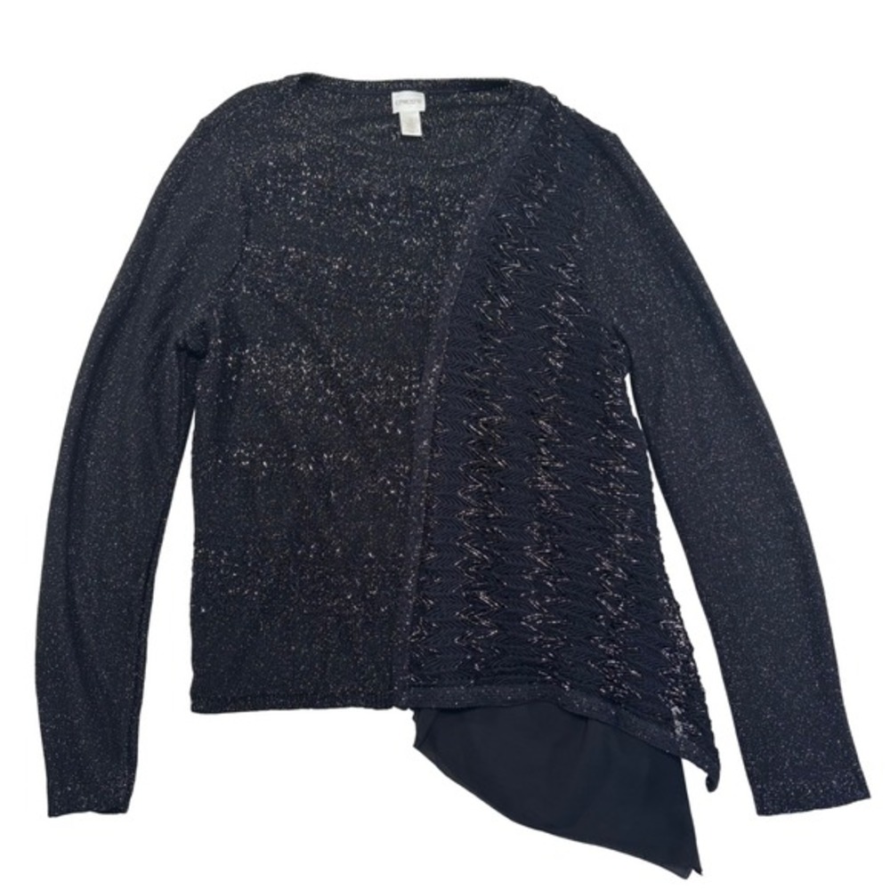 Chicos Black Metallic Sparkle Knit Asymmetrical Hem Layered Tunic Sweater Sz 3XL